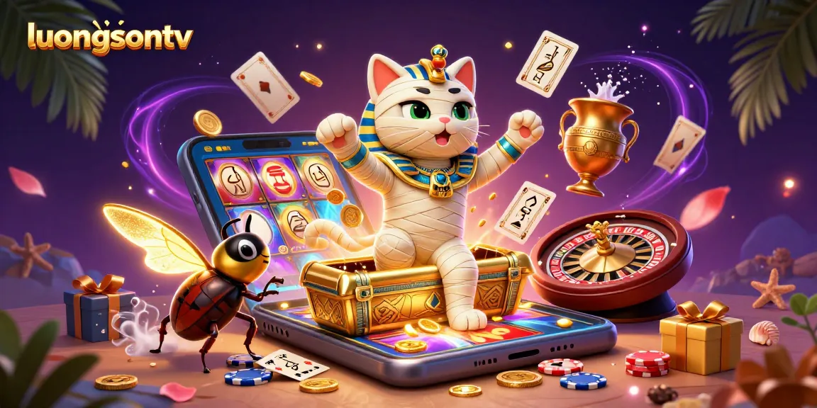 Join the excitement at luongsontv as a colorful Egyptian mummy cat bursts from a golden sarcophagus in this dynamic gambling scene.