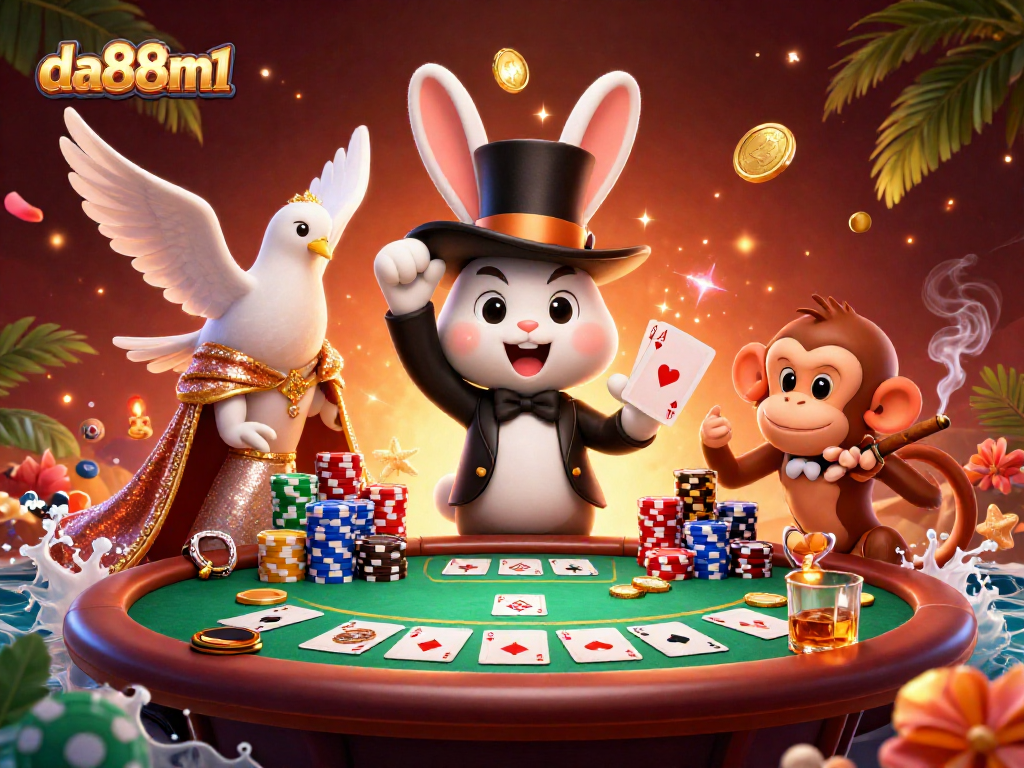 Experience the thrill at da88m1 with an exciting scene of a magician, dove, and monkey engaging in poker action.
