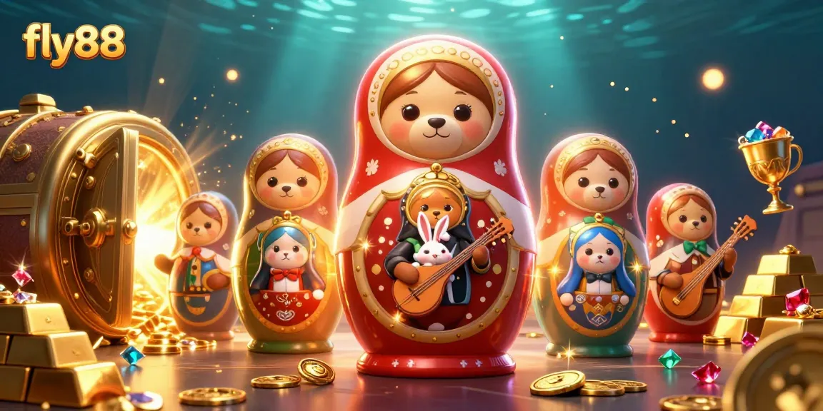 Engage in thrilling gaming with fly88 featuring 3D cartoon Matryoshka bears and gems.