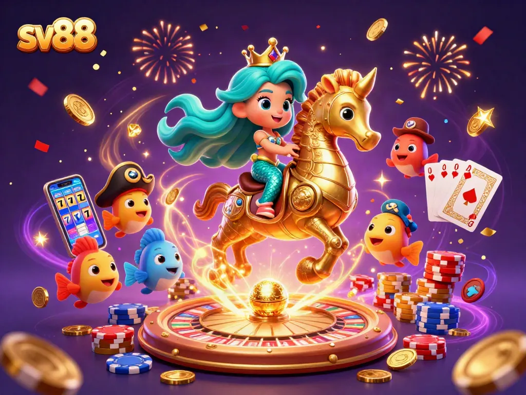 Experience the thrill of sv88 with a lively casino scene featuring a mermaid, seahorse, and vibrant game elements.