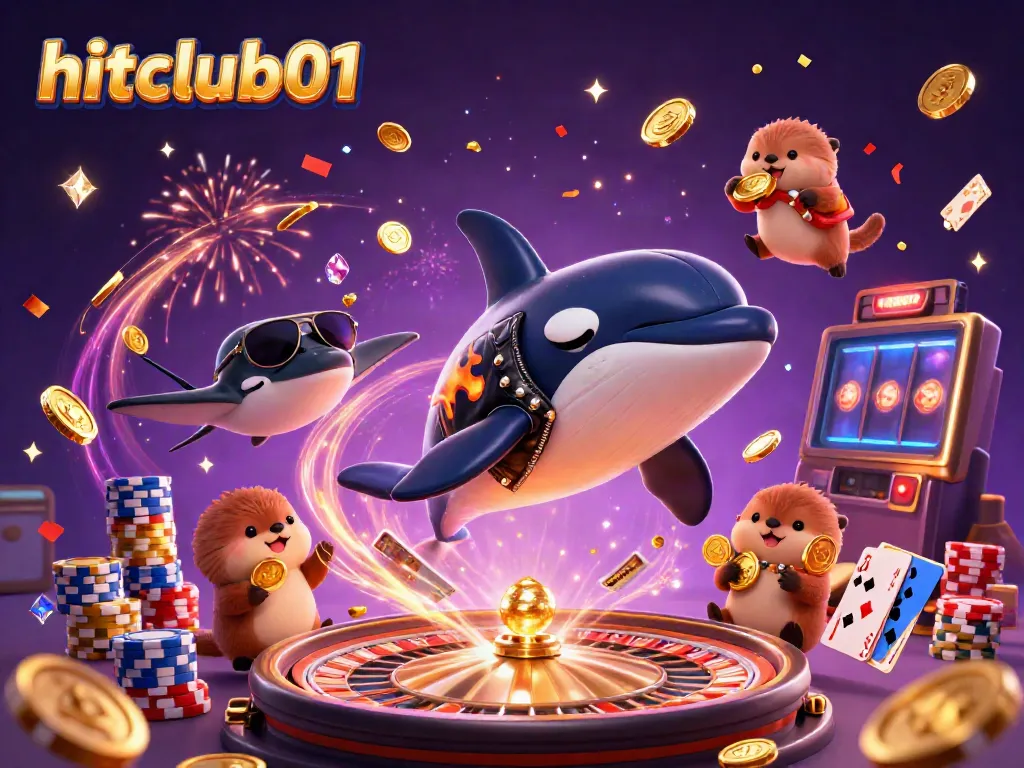 Experience the excitement of hitclub01 with an animated scene of creatures celebrating with coins and games!
