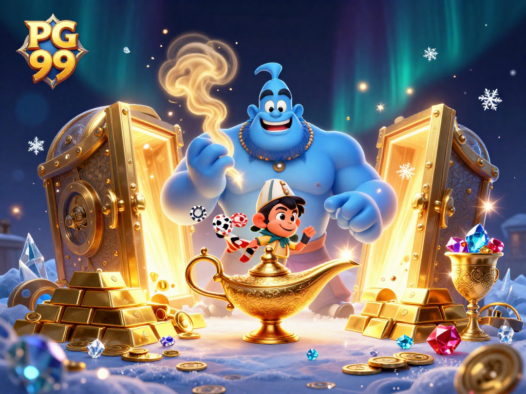 Experience the magic of PG 99 with towering treasure, a blue genie, and vibrant poker chips.