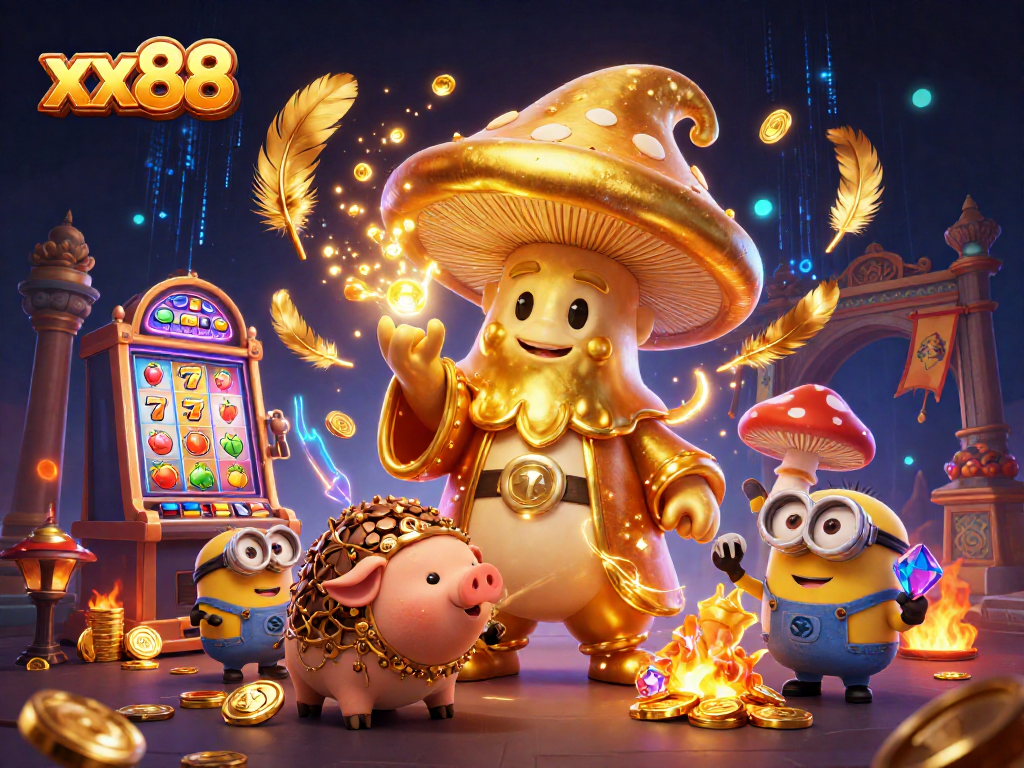 Play with xx88 as the golden wizard and treasure-hunting pig unveil casino riches in an energetic scene.