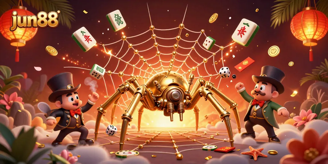 Experience thrilling gameplay at jun88 with a captivating 3D illustration of a golden spider and poker elements.