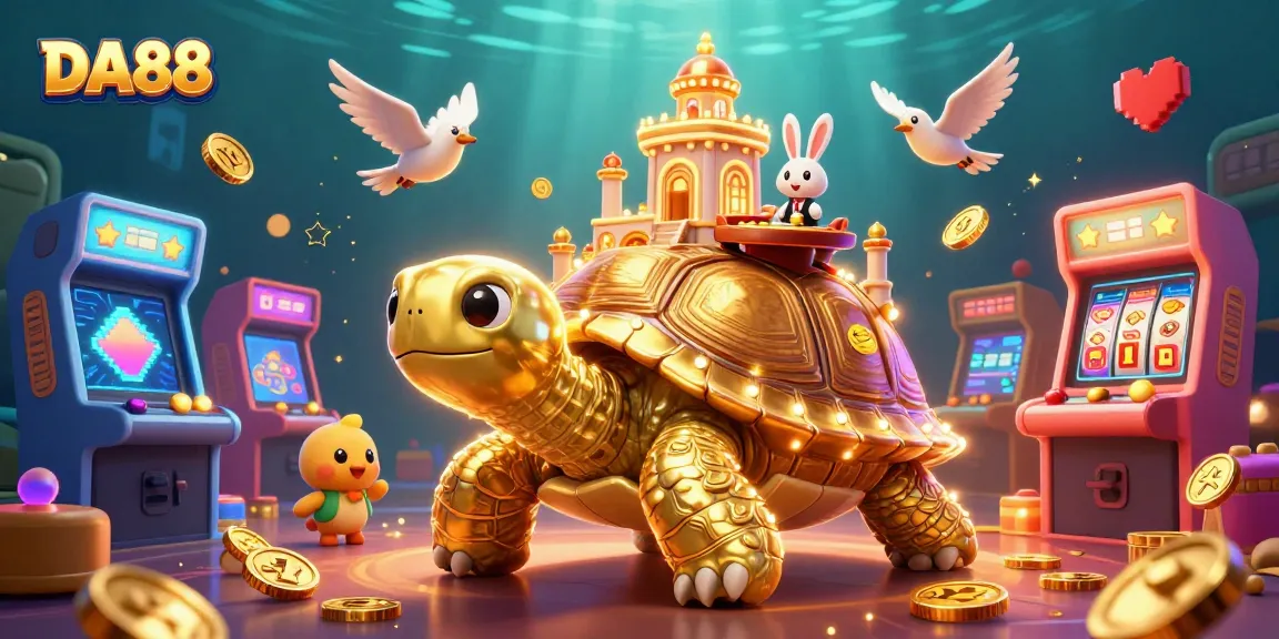 Experience the excitement of DA88 with a vibrant casino scene featuring a golden tortoise and thrilling games.