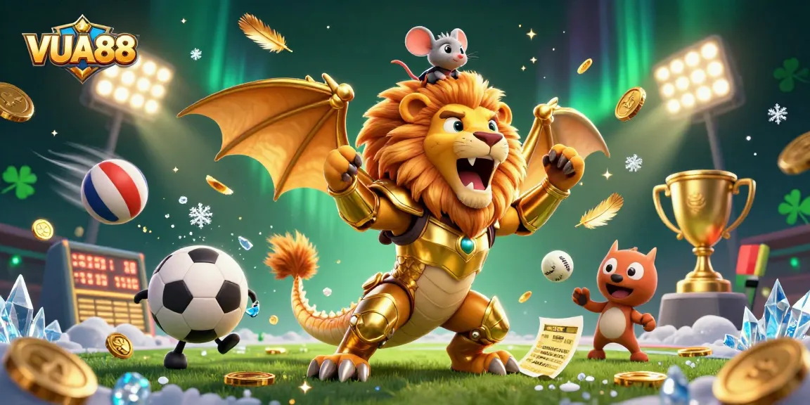 VUA88 players experiencing thrilling triumphs with a golden chimera and exciting game elements in 3D illustration.