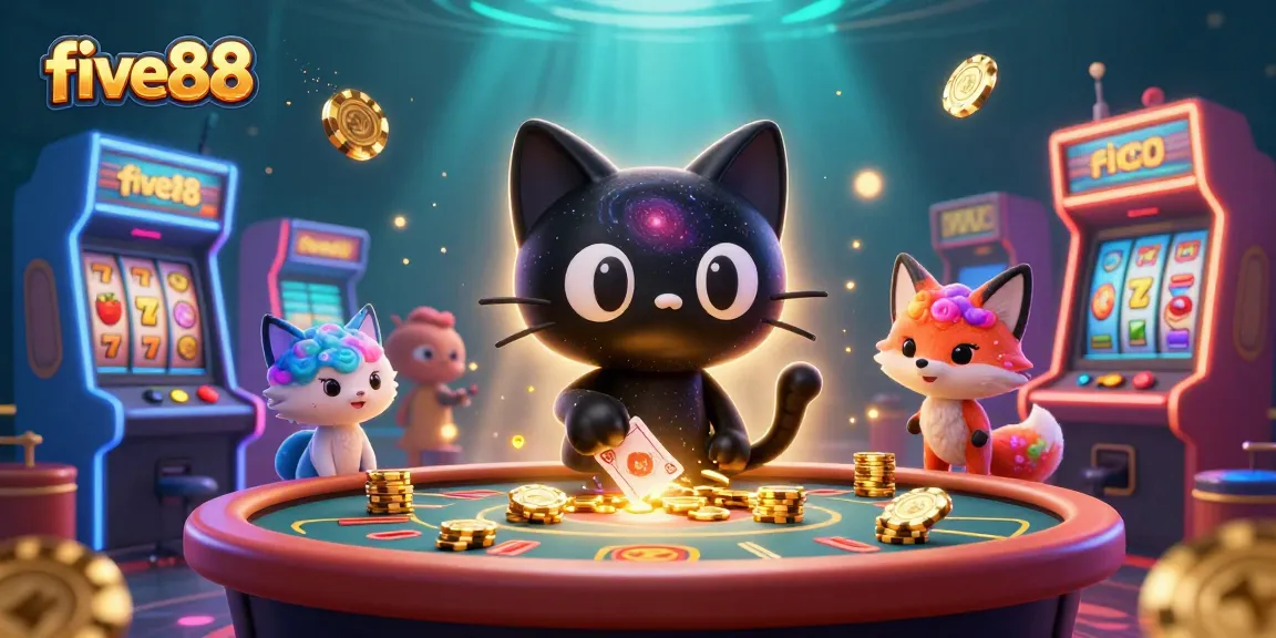 Experience the excitement at five88 with a 3D cartoon black hole cat pulling in chips at a cosmic casino table.