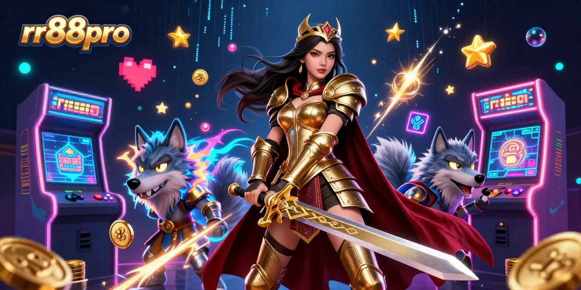Engage with the thrilling world of rr88pro featuring a warrior queen and glowing wolf in a vibrant casino.