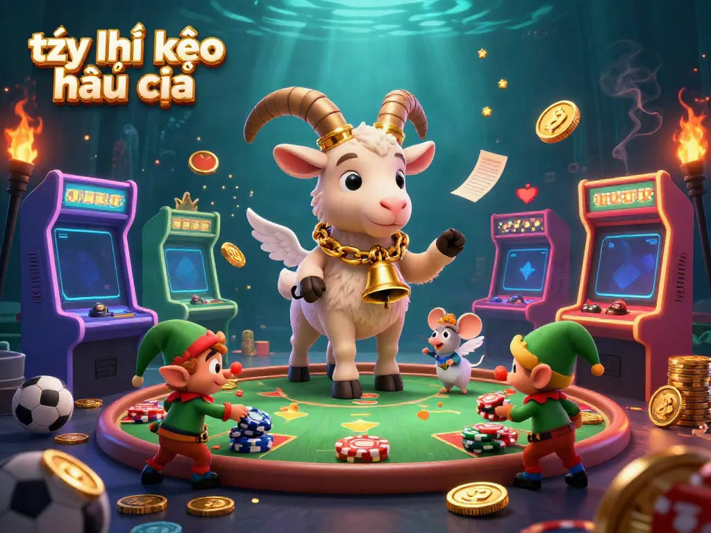 Experience the energy of tỷ lệ kèo nhà cái in a busy casino scene filled with sports betting elements and playful characters.