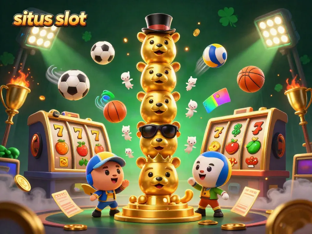Engage with thrilling situs slot visuals featuring vibrant slot elements and a golden totem pole, enhancing casino excitement.