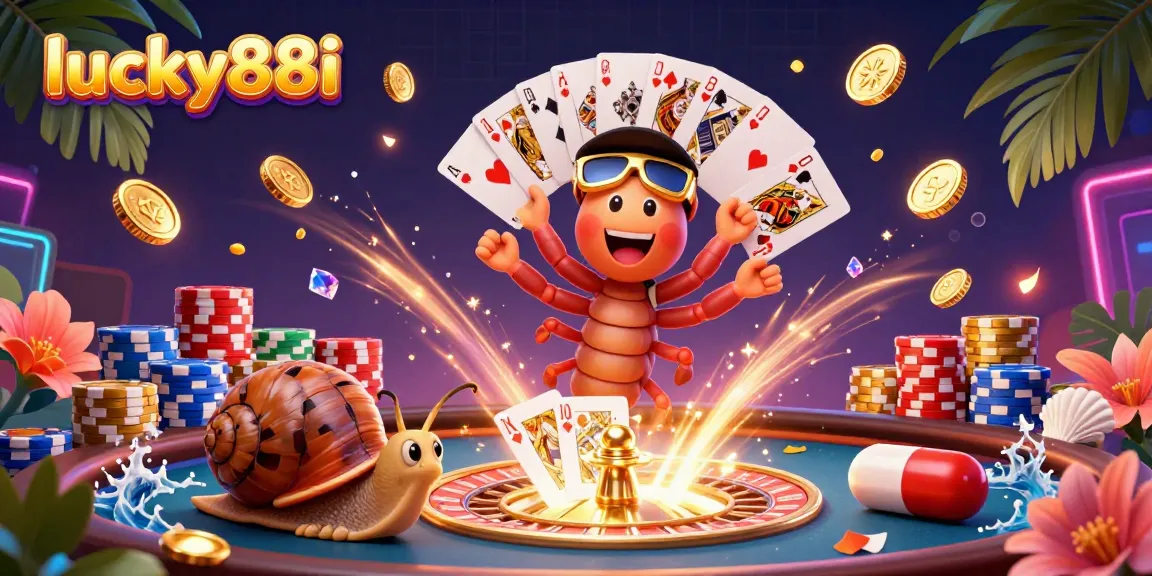 Experience thrilling games at lucky88i with a colorful 3D casino scene featuring dynamic characters and vivid casino elements.