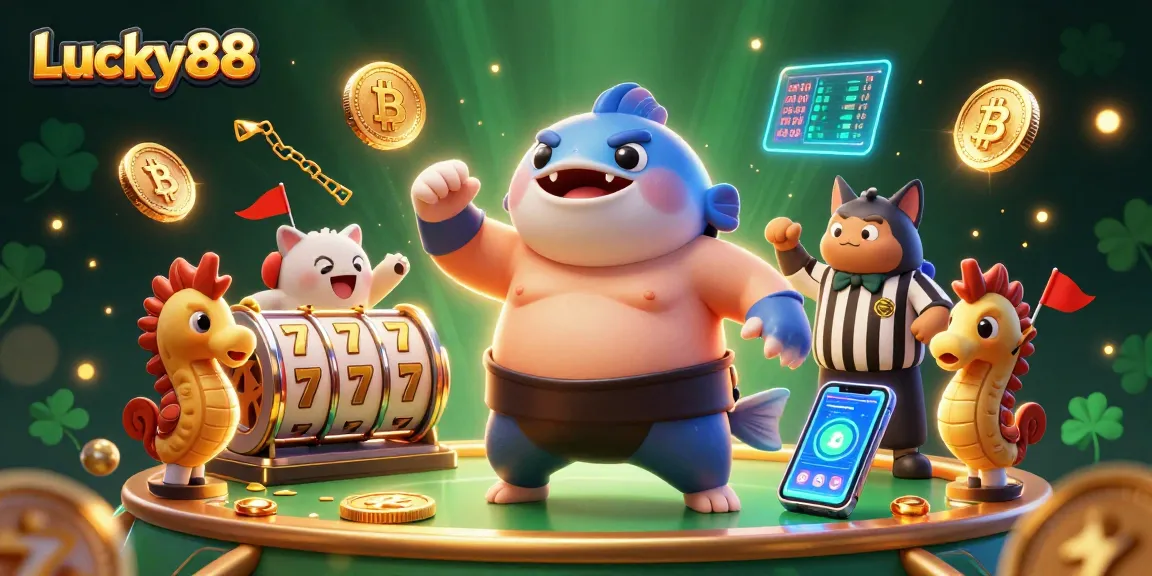 Win big with Lucky88: A vibrant 3D casino scene featuring exciting slot elements and charming characters.