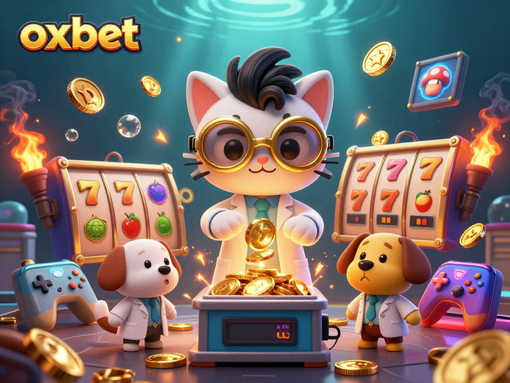 Experience the excitement of oxbet with a whimsical 3D scene showcasing a mad scientist cat and dog creating gold coins.