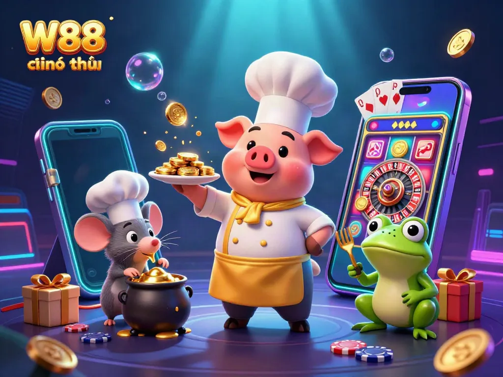 Experience the thrilling world of W88 chính thức with an engaging 3D casino scene featuring colorful slot games and lively characters.