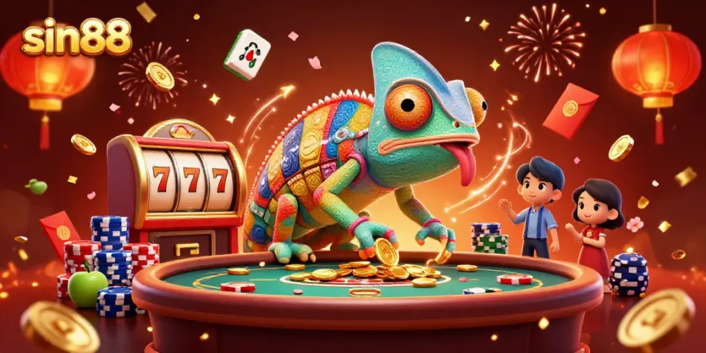 Experience the thrill of sin88 with a vibrant casino scene showcasing a chameleon casino owner and slot reels.