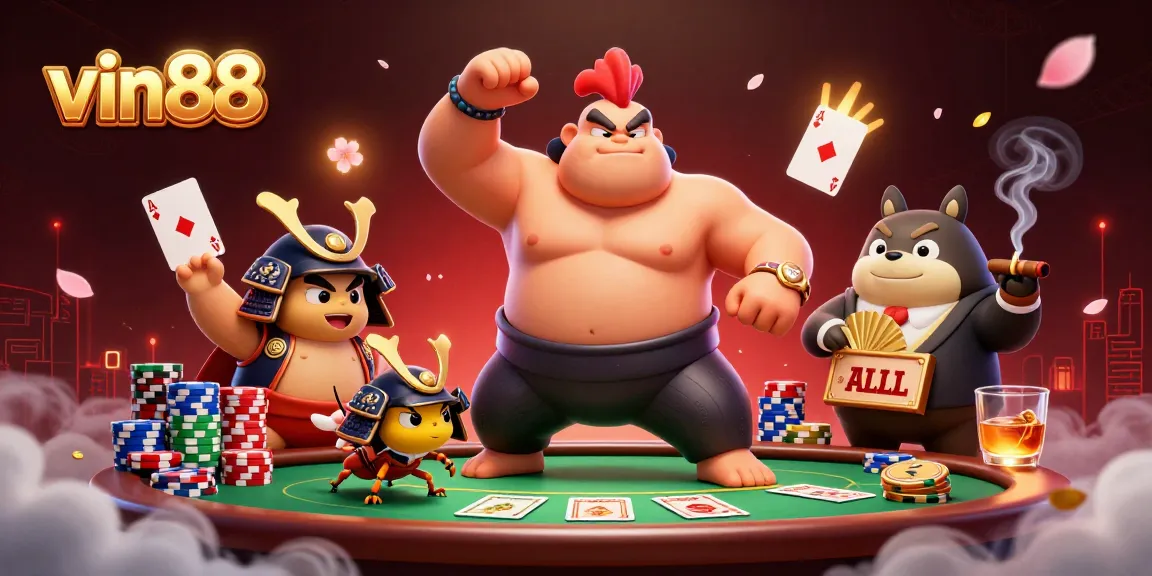 vin88 features dynamic casino characters amidst a vibrant gambling scene filled with poker elements and festive effects