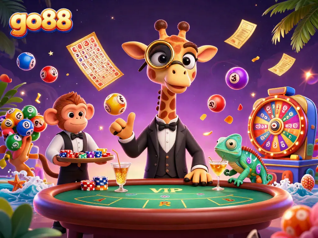 Experience go88 at a vibrant casino scene with a high-roller giraffe and colorful gaming elements.