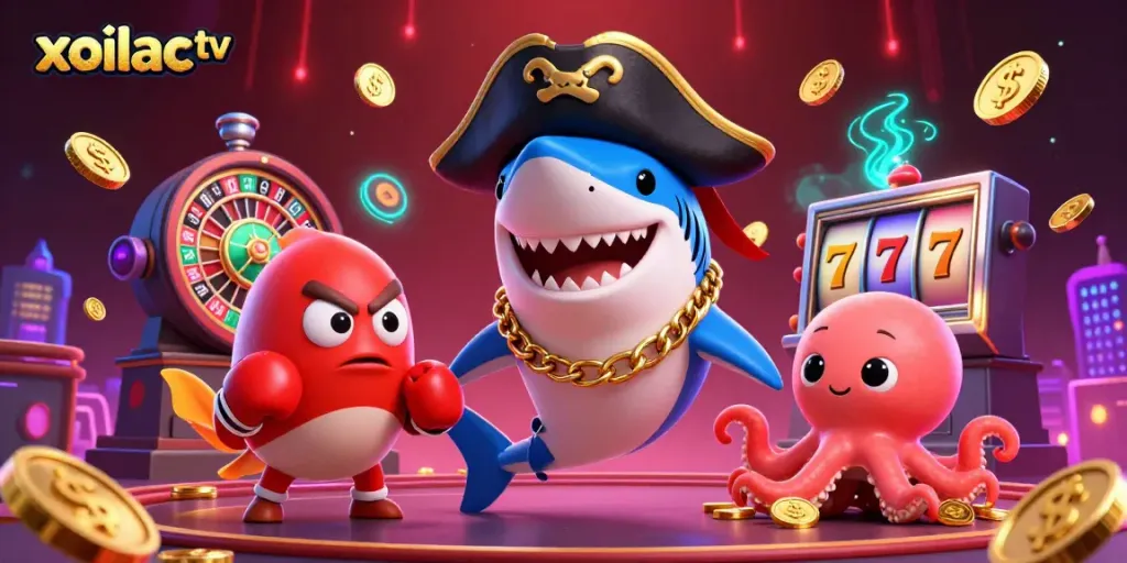 Xoilac TV features a pirate shark, pufferfish, and octopus in a vibrant casino scene.