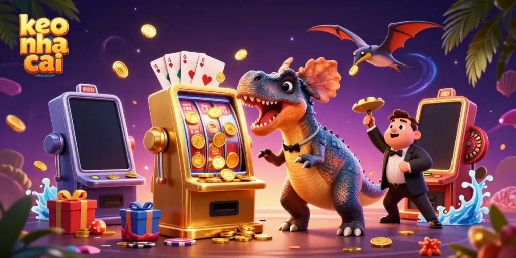 Experience keo nha cai excitement with a cartoon dinosaur winning jackpots at a busy casino.