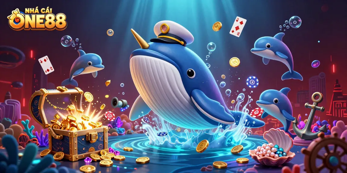 Experience the allure of NHÀ CÁI ONE88 with playful dolphins and a mighty whale amidst sparkling treasures and poker elements.