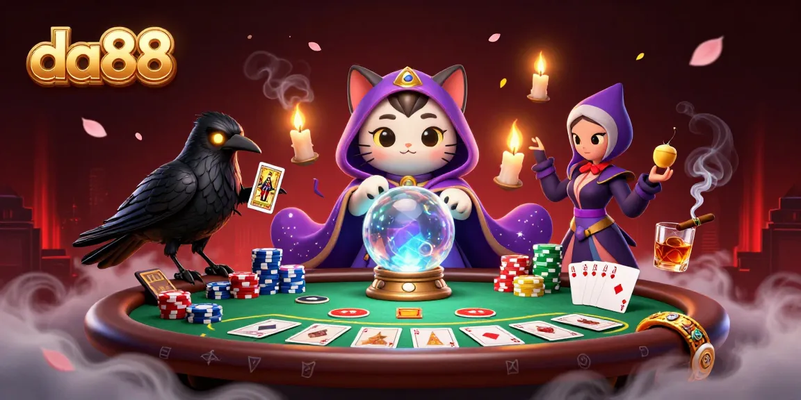 Experience da88's magical casino adventures with a mystical cat and enchanting raven.