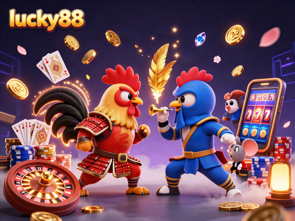 Engaging lucky88 scene with fighting roosters and dynamic casino action elements.