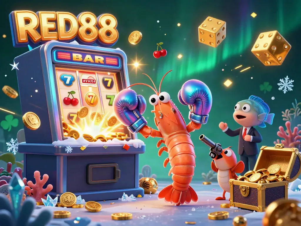 Experience exhilarating casino action with RED88 as a vibrant mantis shrimp leads a thrilling slot jackpot celebration.