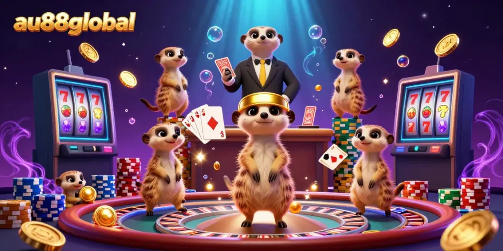 Meerkats running a casino operation with animations of coins, chips, and cards as au88global's playful mascot.