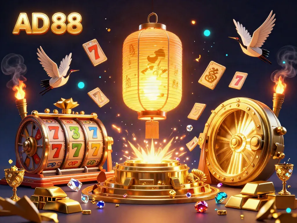Engage with AD 88 in a vibrant casino scene featuring rich symbols of luck, dynamic slot reels, and golden treasures.