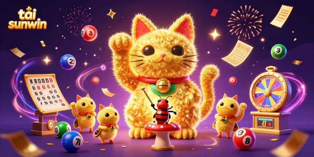 Join the excitement of tải sunwin with a lucky cat made of golden fireflies, celebrating casino action.