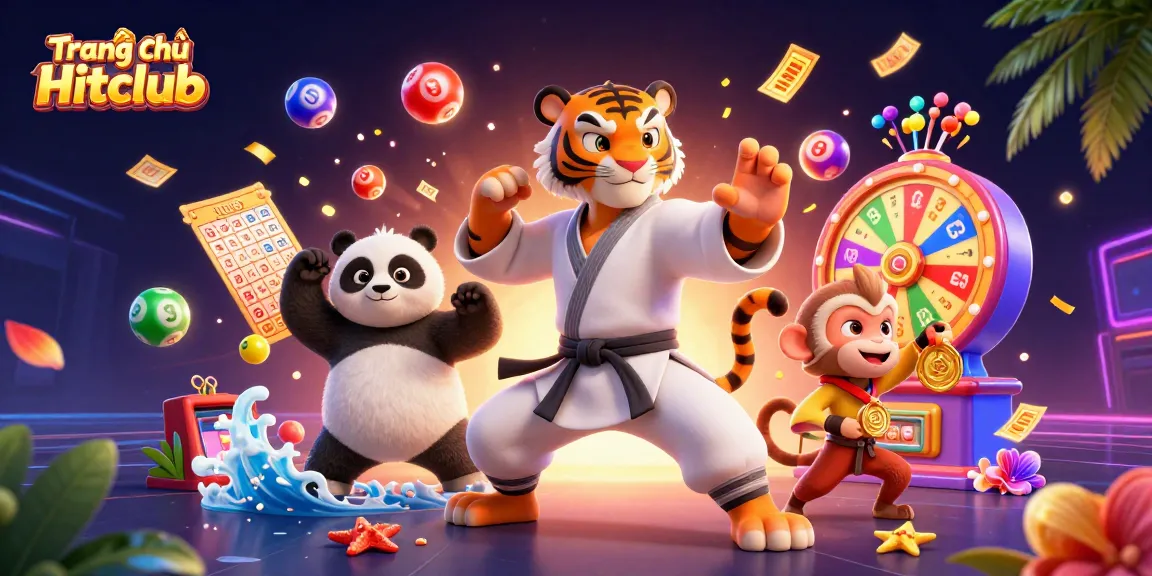 Engage with the vibrant world of Trang chủ Hitclub through an illustration showcasing a kung fu tiger, panda disciple, and playful monkey among dynamic game elements.