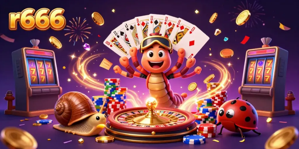 An exciting scene showcasing r666 with a millipede dealer, snail high-roller, and pill bug amidst casino elements.