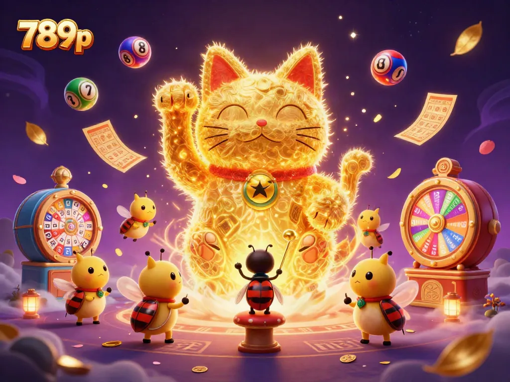 Experience the magic of 789p with lively golden fireflies, lottery elements, and casino symbols.