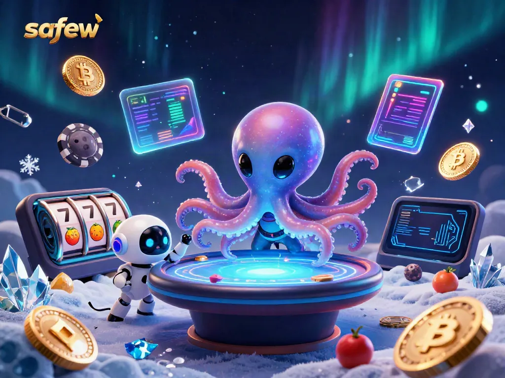 Create a safer gambling environment with safew's innovative security features in a vibrant casino-themed 3D scene.