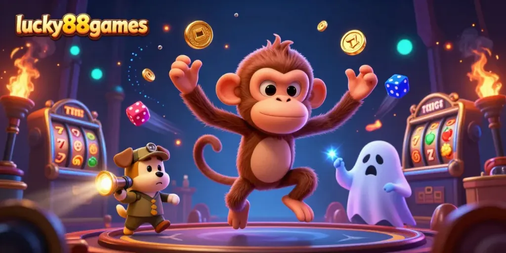 Experience winning thrills at lucky88games with colorful slot reels and a playful ghost-hunter pup.