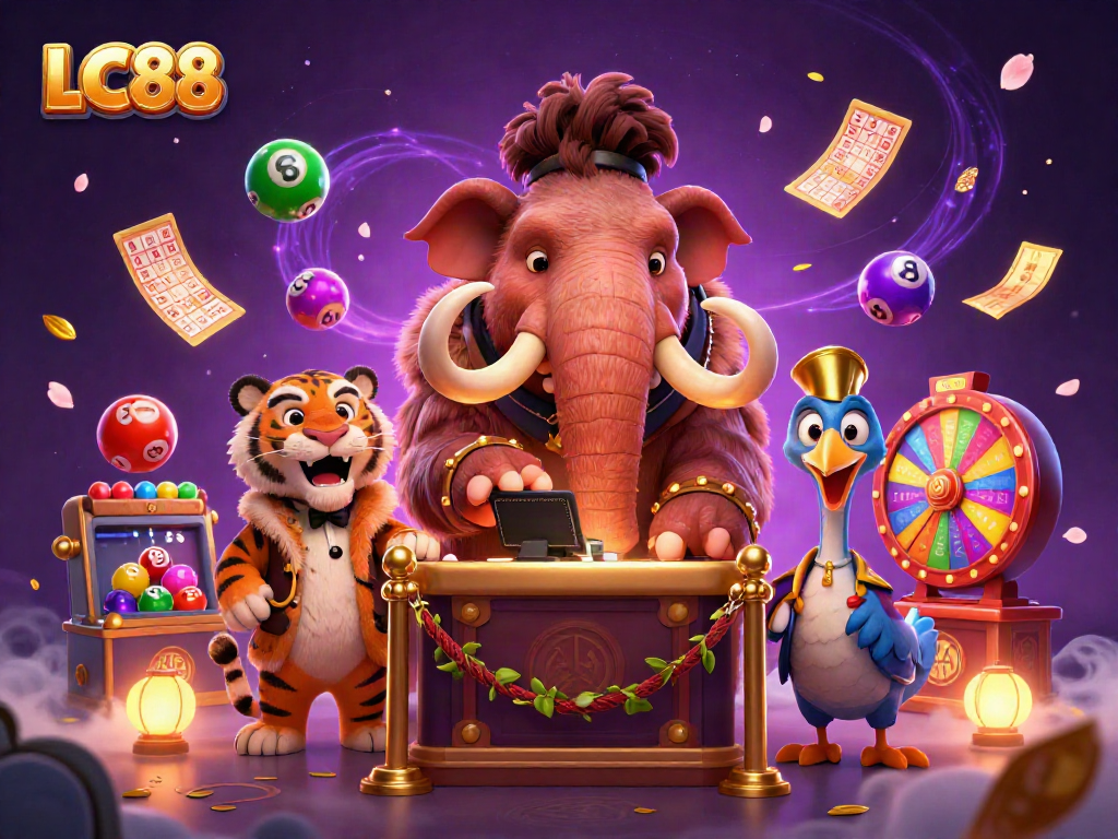 LC88 gaming scene with a mammoth bouncer, vibrant prizes, and a VIP saber-tooth guest in a colorful casino