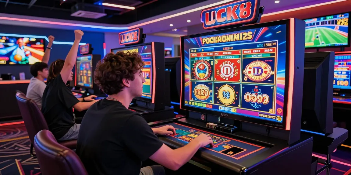 LUCK8 gaming player engaged with interactive touchscreen in vibrant lounge.