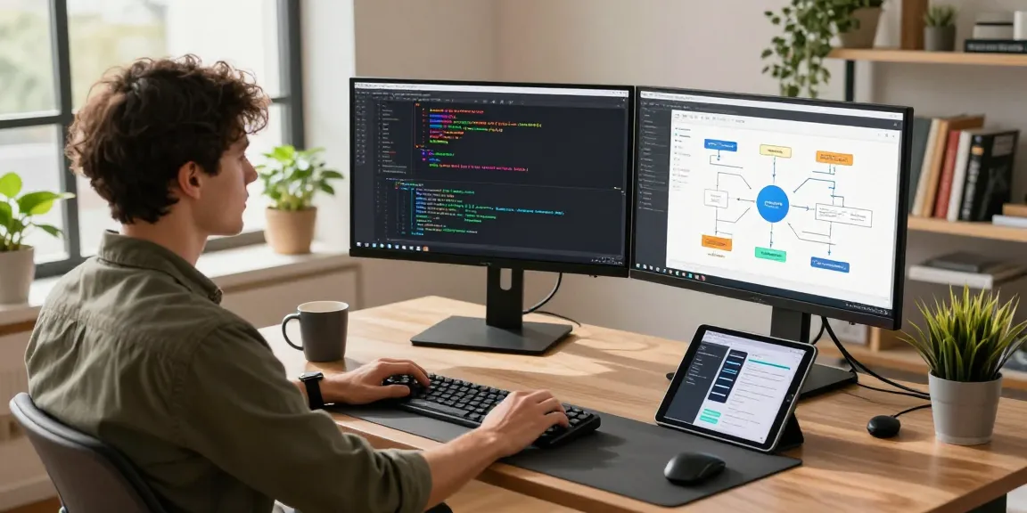 Build internal tools with AI in a modern workspace showing a developer using multiple screens, coding interfaces, and vibrant atmosphere.