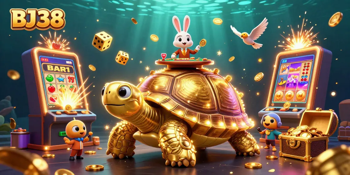 Join the excitement of BJ38 where a golden tortoise hosts a casino palace, featuring thrilling slot machines and a rabbit dealer.