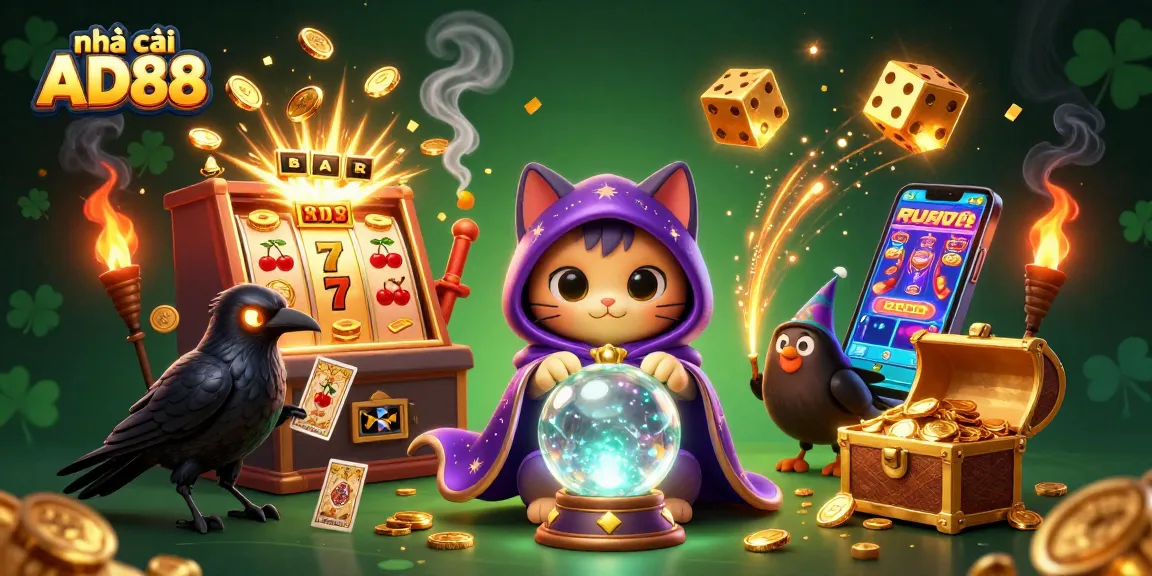 Engage with nhà cái AD88's vibrant gaming atmosphere featuring an enchanting mystical scene.