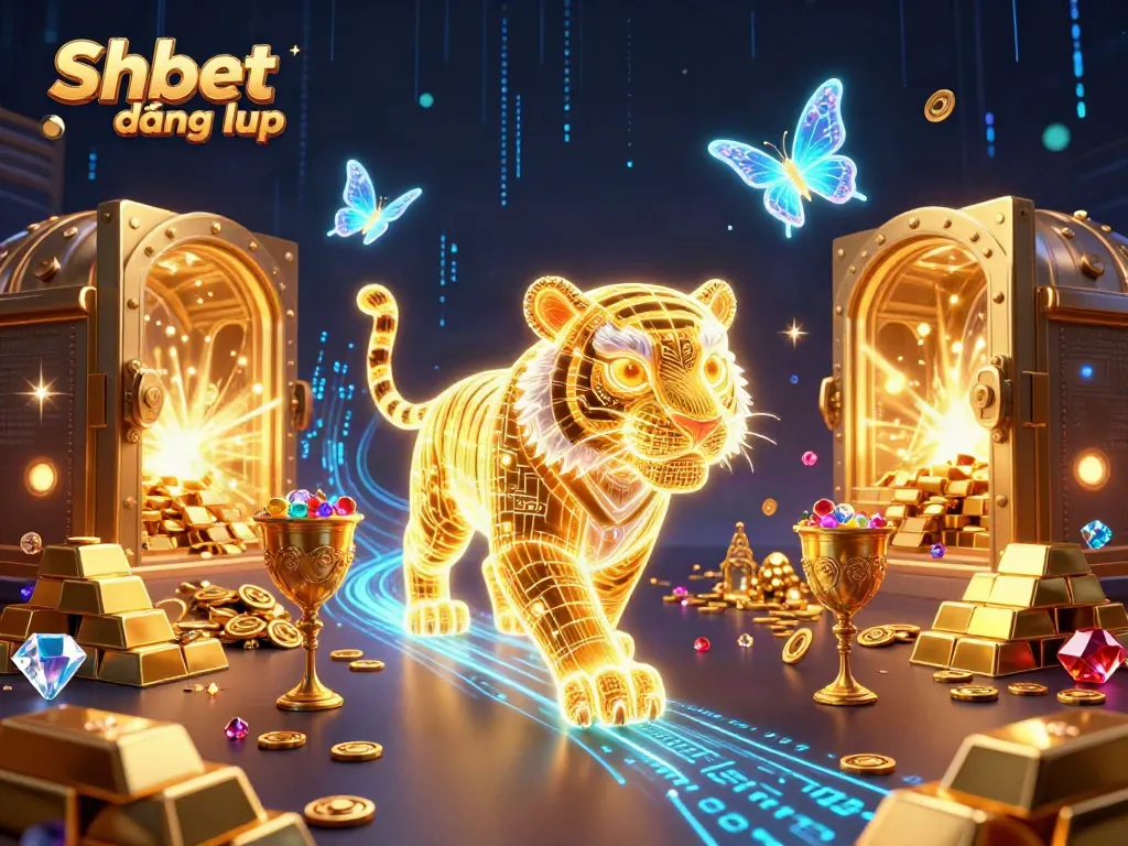 Engage in Shbet đăng nhập with a vibrant digital casino scene featuring a golden tiger and treasure vaults.