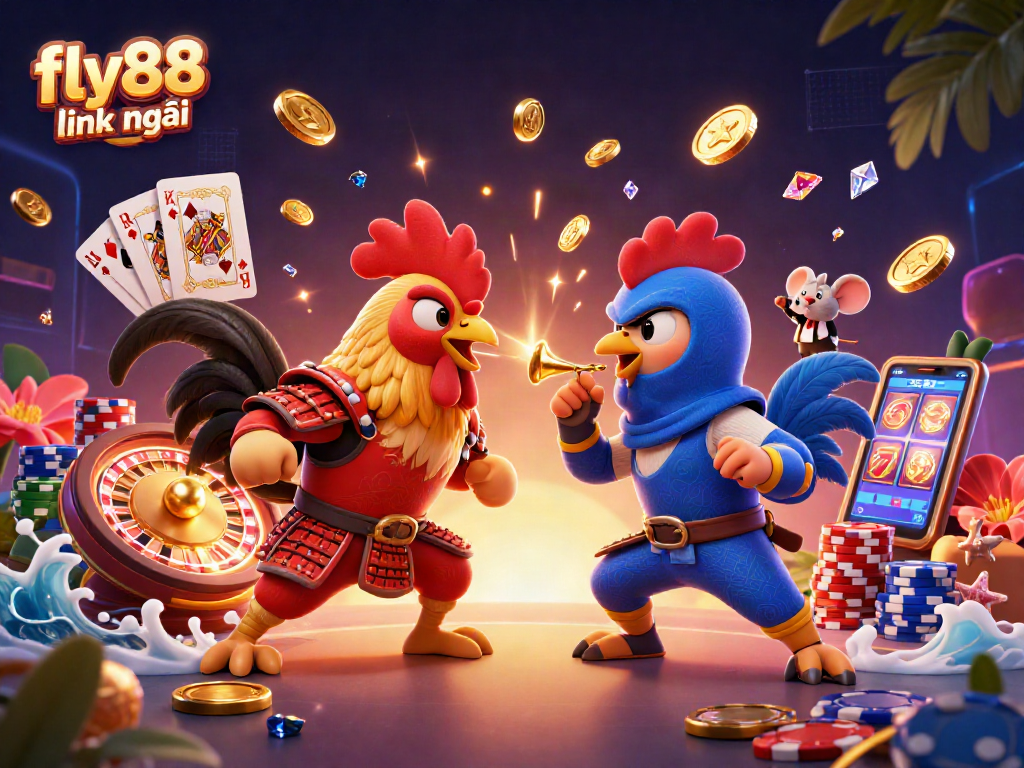 Engage with the fly88 link mới in a vibrant, dynamic casino battle illustration featuring epic roosters.