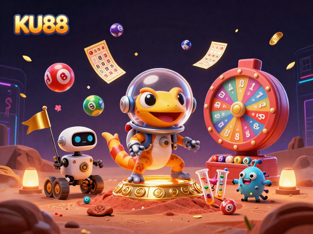 KU88 showcases an adventurous Martian gecko with casino treasures amid vibrant gaming elements.