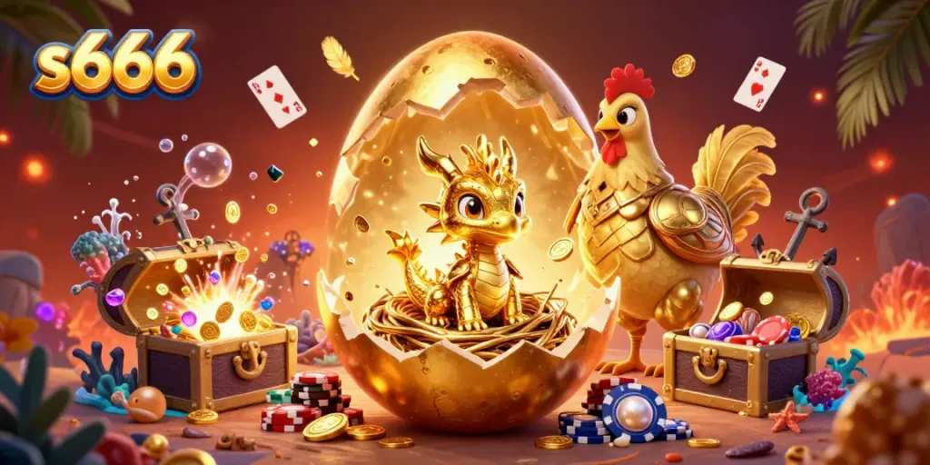 Experience the thrilling world of s666 as a golden baby dragon emerges from a colossal egg on poker chips.