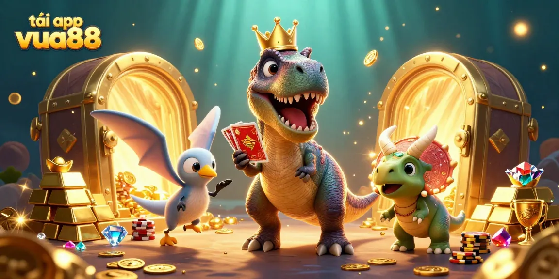 Tải app vua88 to enhance gaming with a friendly T-Rex shuffling cards and a baby triceratops stacking chips.