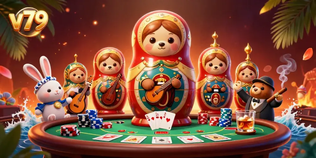 Engage with the dynamic v 79 scene featuring a cartoon bear, poker elements, and vibrant casino atmosphere.