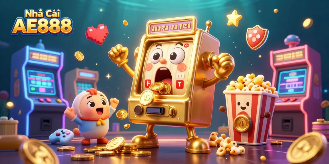 Nhà cái AE888 showcases a golden slot machine celebrating a jackpot with coins pouring out, surrounded by colorful gaming elements.