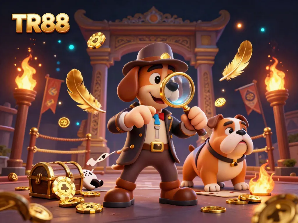 TR88 fortune hunters examine poker chip clues amidst vibrant casino elements.