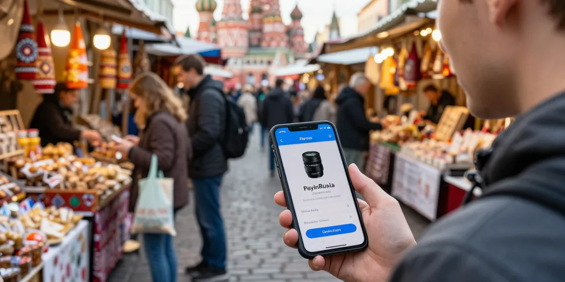 Bezoeker maakt een betaling met de PayInRussia-app op een drukke markt in Moskou