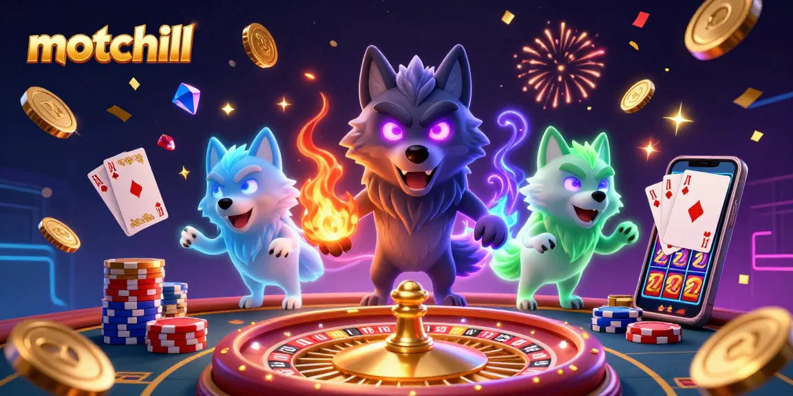 Experience thrilling gameplay with motchill as glowing wolves surround dynamic casino elements.
